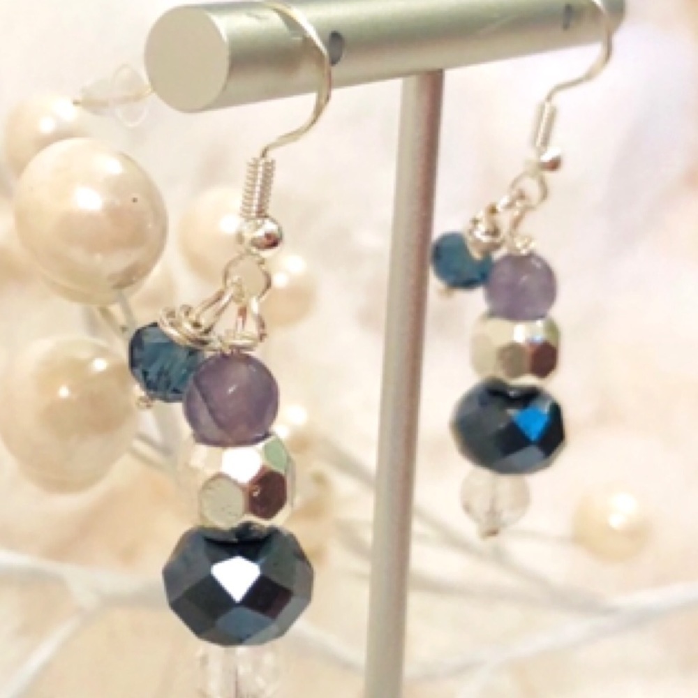 𝅺BOHO Indie Sterling Silver Earrings 🌟Purple & Deep Blue Crystal Handcrafted - Picture 9 of 11